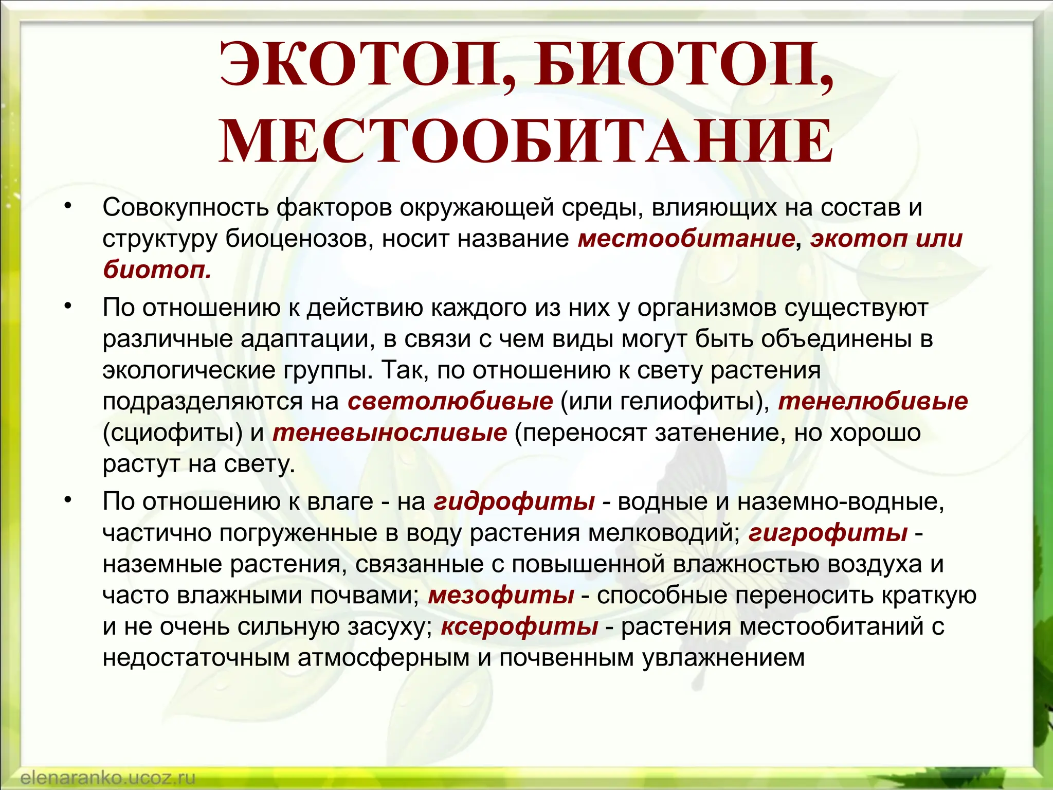 ЭКОТОП, БИОТОП,
МЕСТООБИТАНИЕ
• Совокупность факторов окружающей среды, влияющих на состав и
структуру биоценозов, носит название местообитание, экотоп или
биотоп.
• По отношению к действию каждого из них у организмов существуют
различные адаптации, в связи с чем виды могут быть объединены в
экологические группы. Так, по отношению к свету растения
подразделяются на светолюбивые (или гелиофиты), тенелюбивые
(сциофиты) и теневыносливые (переносят затенение, но хорошо
растут на свету.
• По отношению к влаге - на гидрофиты - водные и наземно-водные,
частично погруженные в воду растения мелководий; гигрофиты -
наземные растения, связанные с повышенной влажностью воздуха и
часто влажными почвами; мезофиты - способные переносить краткую
и не очень сильную засуху; ксерофиты - растения местообитаний с
недостаточным атмосферным и почвенным увлажнением
 