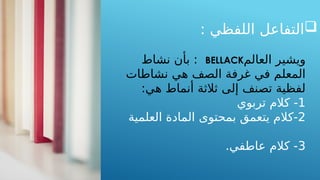
: ‫اللفظي‬ ‫التفاعل‬
‫العالم‬ ‫ويشير‬
BELLACK
‫نشاط‬ ‫بأن‬ :
‫نشاطات‬ ‫هي‬ ‫الصف‬ ‫غرفة‬ ‫في‬ ‫المعلم‬
:‫هي‬ ‫أنماط‬ ‫ثالثة‬ ‫إلى‬ ‫تصنف‬ ‫لفظية‬
1
‫تربوي‬ ‫كالم‬ -
2
‫العلمية‬ ‫المادة‬ ‫بمحتوى‬ ‫يتعمق‬ ‫كالم‬-
3
.‫عاطفي‬ ‫كالم‬ -
 