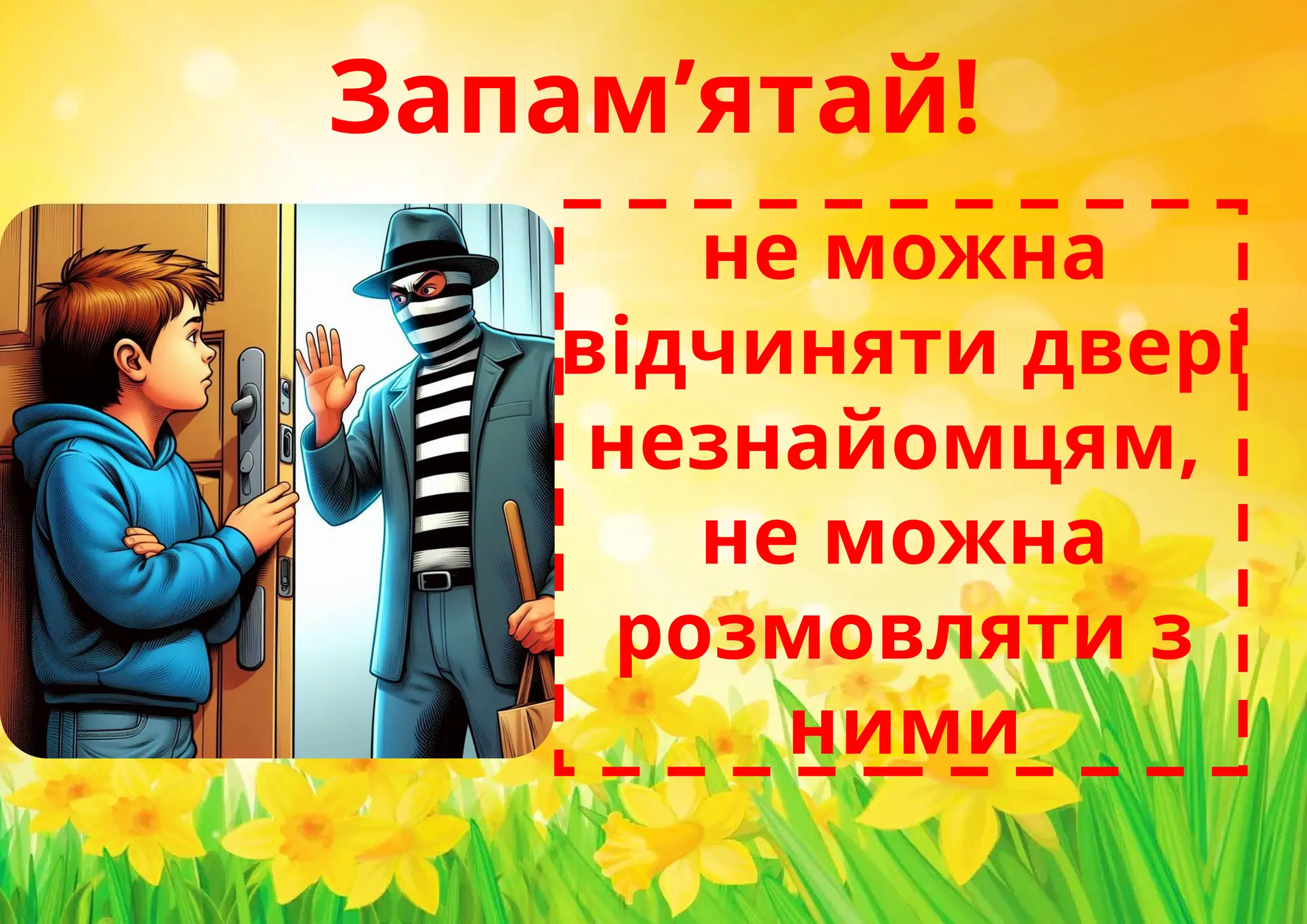 Запам’ятай!
не можна
відчиняти двері
незнайомцям,
не можна
розмовляти з
ними
 