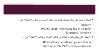 
-:‫هي‬ "‫واألعطال‬ ‫"السيناريوهات‬ ‫شاشة‬ ‫من‬ ‫تلقائيا‬ ‫تنفيذها‬ ‫يمكن‬ ‫التي‬ ‫السيناريوهات‬
•
Turndown
•
Process upset (temperature rise in the feed)
•
Emergency shutdown

-: ‫هي‬ "‫واألعطال‬ ‫"السيناريوهات‬ ‫شاشة‬ ‫من‬ ‫تلقائيا‬ ‫تنفيذها‬ ‫يمكن‬ ‫التي‬ ‫األعطال‬
•
Blocked Outlet of MP compressor train A
•
Valve to flare 02-PCV-026 fails and opens
 