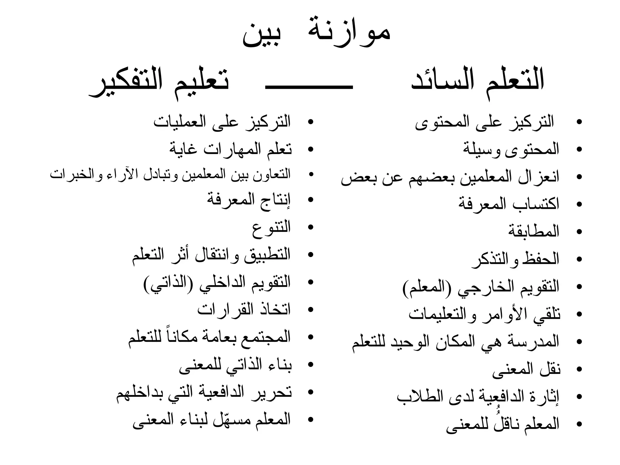 ‫بين‬ ‫موازنة‬
•
‫العمليات‬ ‫على‬ ‫التركيز‬
•
‫غاية‬ ‫المهارات‬ ‫تعلم‬
•
‫والخبرات‬ ‫اآلراء‬ ‫وتبادل‬ ‫المعلمين‬ ‫بين‬ ‫التعاون‬
•
‫المعرفة‬ ‫إنتاج‬
•
‫التنوع‬
•
‫التعلم‬ ‫أثر‬ ‫وانتقال‬ ‫التطبيق‬
•
)‫(الذاتي‬ ‫الداخلي‬ ‫التقويم‬
•
‫القرارات‬ ‫اتخاذ‬
•
‫للتعلم‬ ً‫ا‬‫مكان‬ ‫بعامة‬ ‫المجتمع‬
•
‫للمعنى‬ ‫الذاتي‬ ‫بناء‬
•
‫بداخلهم‬ ‫التي‬ ‫الدافعية‬ ‫تحرير‬
•
‫المعنى‬ ‫لبناء‬ ‫ل‬ّ
‫ه‬‫مس‬ ‫المعلم‬
•
‫المحتوى‬ ‫على‬ ‫التركيز‬
•
‫وسيلة‬ ‫المحتوى‬
•
‫بعض‬ ‫عن‬ ‫بعضهم‬ ‫المعلمين‬ ‫انعزال‬
•
‫المعرفة‬ ‫اكتساب‬
•
‫المطابقة‬
•
‫والتذكر‬ ‫الحفظ‬
•
)‫(المعلم‬ ‫الخارجي‬ ‫التقويم‬
•
‫والتعليمات‬ ‫األوامر‬ ‫تلقي‬
•
‫للتعلم‬ ‫الوحيد‬ ‫المكان‬ ‫هي‬ ‫المدرسة‬
•
‫المعنى‬ ‫نقل‬
•
‫الطالب‬ ‫لدى‬ ‫الدافعية‬ ‫إثارة‬
•
‫للمعنى‬
ُ
ُ
‫ناقل‬ ‫المعلم‬
‫التفكير‬ ‫تعليم‬ ‫ـــــــــــ‬ ‫السائد‬ ‫التعلم‬
 
