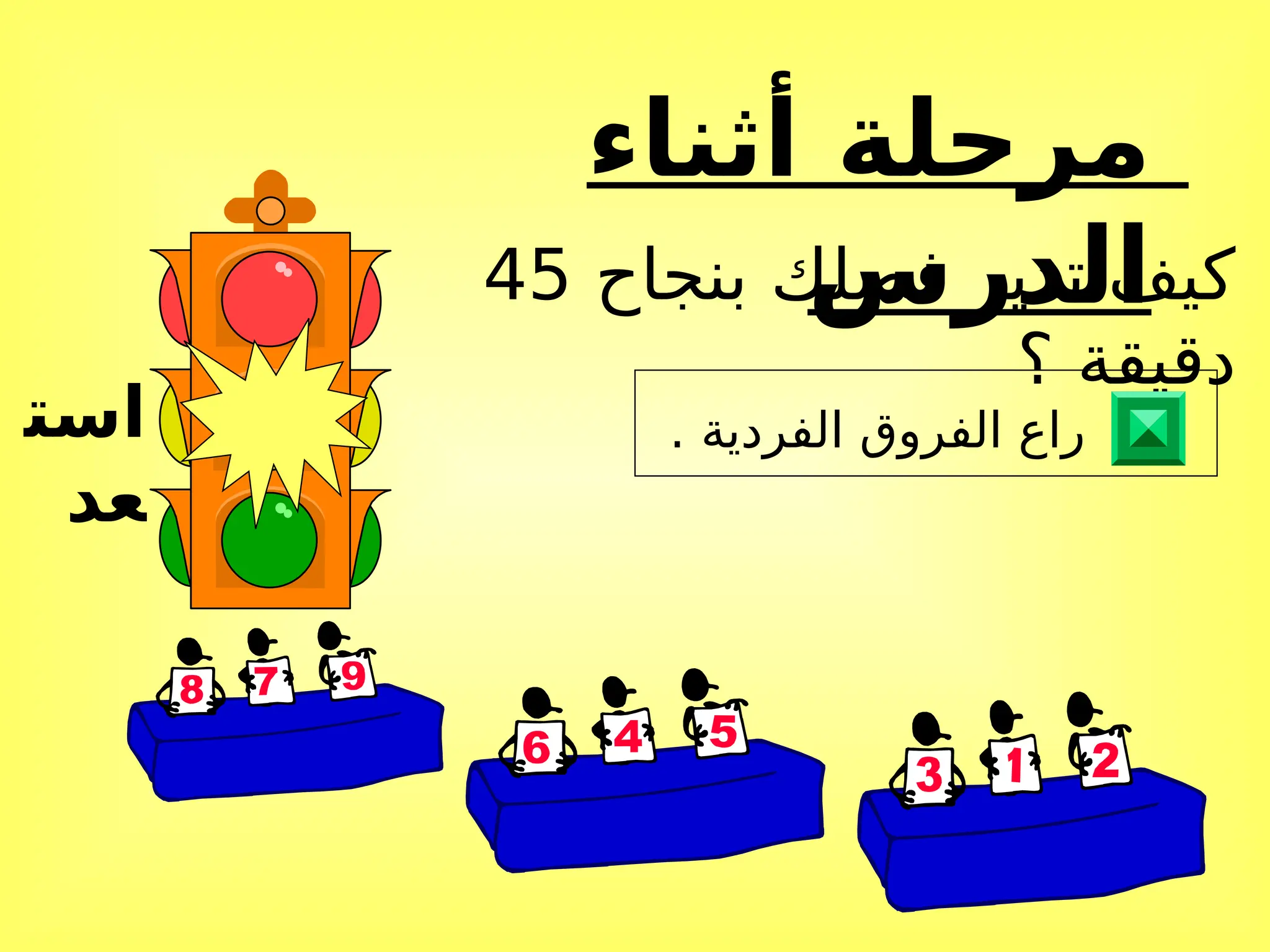 ‫أثناء‬ ‫مرحلة‬
‫الدرس‬
‫است‬
‫عد‬
‫بنجاح‬ ‫فصلك‬ ‫تدير‬ ‫كيف‬
45
‫؟‬ ‫دقيقة‬
. ‫الفردية‬ ‫الفروق‬ ‫راع‬
 