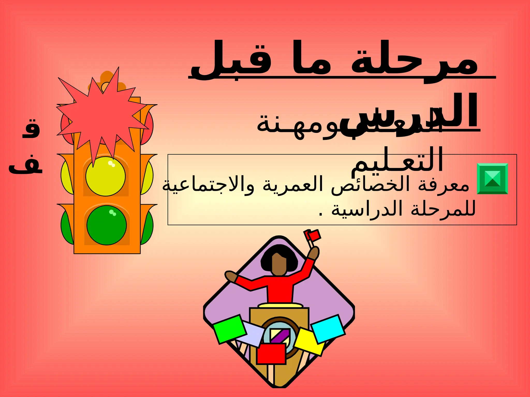 ‫ق‬
‫ف‬
‫قبل‬ ‫ما‬ ‫مرحلة‬
‫الدرس‬
‫ومهـنة‬ ‫المعـلم‬
‫التعـليم‬
‫واالجتماعية‬ ‫العمرية‬ ‫الخصائص‬ ‫معرفة‬
. ‫الدراسية‬ ‫للمرحلة‬
 