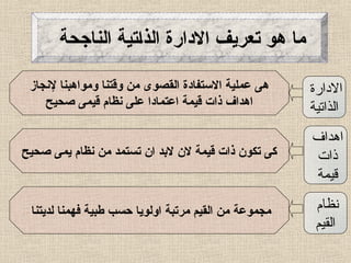 ‫االدارة‬
‫الذاتية‬
‫إلنجاز‬ ‫ومواهبنا‬ ‫وقتنا‬ ‫من‬ ‫القصوى‬ ‫االستفادة‬ ‫عملية‬ ‫هى‬
‫صحيح‬ ‫قيمى‬ ‫نظام‬ ‫على‬ ‫اعتمادا‬ ‫قيمة‬ ‫ذات‬ ‫اهداف‬
‫اهداف‬
‫ذات‬
‫قيمة‬
‫صحيح‬ ‫يمى‬ ‫نظام‬ ‫من‬ ‫تستمد‬ ‫ان‬ ‫البد‬ ‫الن‬ ‫قيمة‬ ‫ذات‬ ‫تكون‬ ‫كى‬
‫اجحة‬Z‫ن‬‫ال‬ ‫تية‬Z‫ا‬‫الذ‬ ‫االدارة‬ ‫تعريف‬ ‫هو‬ ‫ما‬
‫لديتنا‬ ‫فهمنا‬ ‫طبية‬ ‫حسب‬ ‫اولويا‬ ‫مرتبة‬ ‫القيم‬ ‫من‬ ‫مجموعة‬ ‫نظام‬
‫القيم‬
 