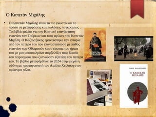 Ο Καπετάν Μιχάλης
●
Ο Καπετάν Μιχάλης είναι το πιο γνωστό και το
πρώτο σε μεταφράσεις και πωλήσεις παγκοσμίως .
Το βιβλίο μιλάει για την Κρητική επανάσταση
εναντίον τον Τούρκων και τους αγώνες του Καπετάν
Μιχάλη. Ο Καζαντζάκης εμπνεύστηκε την ιστορία
από τον πατέρα του που επαναστατούσε με πάθος
εναντίον των Οθωμανών και ο έρωτας του ήρωα
του με μια μουσουλμάνα συμβολίζει τους δικούς
του πειρασμούς που ξυπνούσαν εξαιτίας του πατέρα
του. Το βιβλίο μεταφέρθηκε το 2024 στην μεγάλη
οθόνη με πρωταγωνιστή τον Αιμίλιο Χειλάκη στον
ομώνυμο ρόλο.
 