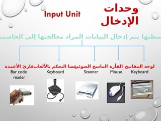 ‫وحدات‬
‫اإلدخال‬
Input Unit
‫المفاتيح‬ ‫لوحة‬
Keyboard
‫الفأرة‬
Mouse
‫الضوئي‬ ‫الماسح‬
Scanner
‫األعمدة‬ ‫قارئ‬
Bar code
reader
‫باأللعاب‬ ‫التحكم‬ ‫عصا‬
Keyboard
‫الحاسب‬ ‫إلى‬ ‫معالجتها‬ ‫المراد‬ ‫البيانات‬ ‫إدخال‬ ‫يتم‬ ‫سطتها‬
 