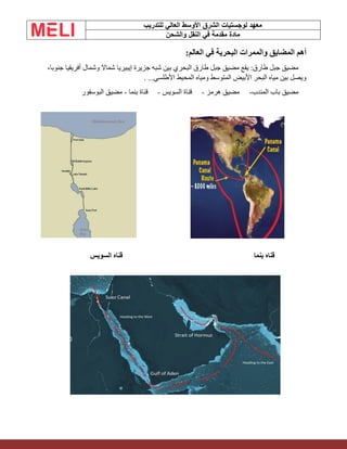 ‫الشرق‬ ‫لوجستيات‬ ‫معهد‬
‫للتدريب‬ ‫العالي‬ ‫األوسط‬
‫والشحن‬ ‫النقل‬ ‫في‬ ‫مقدمة‬ ‫مادة‬
‫العالم‬ ‫في‬ ‫البحرية‬ ‫والممرات‬ ‫المضايق‬ ‫أهم‬
:
،‫جنوبا‬ ‫أفريقيا‬ ‫وشمال‬ ‫شماال‬ ‫إيبيريا‬ ‫جزيرة‬ ‫شبه‬ ‫بين‬ ‫البحري‬ ‫طارق‬ ‫جبل‬ ‫مضيق‬ ‫يقع‬ :‫طارق‬ ‫جبل‬ ‫مضيق‬
‫األطلسي‬ ‫المحيط‬ ‫ومياه‬ ‫المتوسط‬ ‫األبيض‬ ‫البحر‬ ‫مياه‬ ‫بين‬ ‫ويصل‬
. ...
‫باب‬ ‫مضيق‬
‫المندب‬
-
‫هرمز‬ ‫مضيق‬
-
‫السويس‬ ‫قناة‬
-
‫بن‬ ‫قناة‬
‫ما‬
-
‫البوسفور‬ ‫مضيق‬
‫بنما‬ ‫قناه‬
‫السويس‬ ‫قناه‬
 