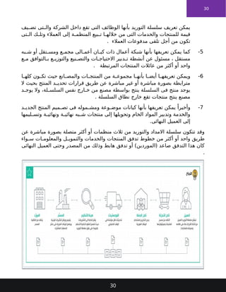 30
‫يف‬ ‫تض‬ ‫تى‬ ‫وال‬ ‫الشركة‬ ‫داخل‬ ‫تقع‬ ‫التى‬ ‫الوظائف‬ ‫بأنها‬ ‫التوريد‬ ‫سلسلة‬ ‫تعريف‬ ‫يمكن‬
‫تى‬ ‫ال‬ ‫ك‬ ‫وتل‬ ‫العمالء‬ ‫إلى‬ ‫ة‬ ‫المنظم‬ ‫بيع‬ ‫ت‬ ‫ا‬ ‫خالله‬ ‫من‬ ‫التى‬ ‫والخدمات‬ ‫للمنتجات‬ ‫قيمة‬
. ‫العمالء‬ ‫مدفوعات‬ ‫تلقى‬ ‫أجل‬ ‫من‬ ‫تكون‬
5
-
‫به‬ ‫ش‬ ‫أو‬ ‫تقل‬ ‫ومس‬ ‫ع‬ ‫مجم‬ ‫الى‬ ‫أعم‬ ‫ان‬ ‫كي‬ ‫ذات‬ ‫أعمال‬ ‫شبكة‬ ‫بأنها‬ ‫تعريفها‬ ‫يمكن‬ ‫كما‬
‫ع‬ ‫م‬ ‫التوافق‬ ‫ب‬ ‫ع‬ ‫والتوزي‬ ‫نيع‬ ‫والتص‬ ‫ات‬ ‫االحتياج‬ ‫دبير‬ ‫ت‬ ‫أنشطة‬ ‫عن‬ ‫مسئول‬ ، ‫مستقل‬
. ‫المرتبطة‬ ‫المنتجات‬ ‫عائالت‬ ‫من‬ ‫أكثر‬ ‫أو‬ ‫واحد‬
6
-
‫ا‬ ‫كله‬ ‫ون‬ ‫تك‬ ‫حيث‬ ‫انع‬ ‫والمص‬ ‫ات‬ ‫المنتج‬ ‫من‬ ‫ة‬ ‫مجموع‬ ‫ا‬ ‫بأنه‬ ‫ا‬ ‫أيض‬ ‫ا‬ ‫تعريفه‬ ‫ويمكن‬
‫ال‬ ‫بحيث‬ ‫المنتج‬ ‫د‬ ‫تحدي‬ ‫قرارات‬ ‫طريق‬ ‫عن‬ ‫مباشرة‬ ‫غير‬ ‫أو‬ ‫مباشرة‬ ‫بصورة‬ ‫مترابطة‬
‫د‬ ‫يوج‬ ‫وال‬ ،‫لة‬ ‫السلس‬ ‫نفس‬ ‫ارج‬ ‫خ‬ ‫من‬ ‫مصنع‬ ‫بواسطة‬ ‫ينتج‬ ‫السلسلة‬ ‫فى‬ ‫منتج‬ ‫يوجد‬
. ‫السلسلة‬ ‫نطاق‬ ‫خارج‬ ‫تقع‬ ‫منتجات‬ ‫ينتج‬ ‫مصنع‬
7
-
‫د‬ ‫الجدي‬ ‫المنتج‬ ‫ميم‬ ‫تص‬ ‫فى‬ ‫موله‬ ‫ومش‬ ‫وعة‬ ‫موض‬ ‫كيانات‬ ‫بأنها‬ ‫تعريفها‬ ‫يمكن‬ ً‫وأخيرا‬
‫ليمها‬ ‫وتس‬ ‫ة‬ ‫ونهائي‬ ‫ة‬ ‫نهائي‬ ‫به‬ ‫ش‬ ‫منتجات‬ ‫إلى‬ ‫وتحويلها‬ ‫الخام‬ ‫المواد‬ ‫وتدبير‬ ‫والخدمة‬
.‫النهائى‬ ‫العميل‬ ‫إلى‬
‫عن‬ ‫مباشرة‬ ‫بصورة‬ ‫متصلة‬ ‫أكثر‬ ‫أو‬ ‫منظمات‬ ‫ثالث‬ ‫من‬ ‫والتوريد‬ ‫االمداد‬ ‫سلسلة‬ ‫تتكون‬ ‫وقد‬
‫واء‬ ‫س‬ ‫ات‬ ‫والمعلوم‬ ‫ل‬ ‫والتموي‬ ‫والخدمات‬ ‫المنتجات‬ ‫تدفق‬ ‫خطوط‬ ‫من‬ ‫أكثر‬ ‫أو‬ ‫واحد‬ ‫طريق‬
‫النهائى‬ ‫العميل‬ ‫وحتى‬ ‫المصدر‬ ‫من‬ ‫وذلك‬ ‫هابط‬ ‫تدفق‬ ‫أو‬ )‫(الموردين‬ ‫صاعد‬ ‫التدفق‬ ‫هذا‬ ‫كان‬
.
30
 