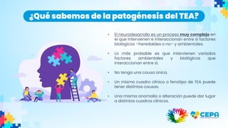¿Qué sabemos de la patogénesis del TEA?
• El neurodesarrollo es un proceso muy complejo en
el que intervienen e interaccionan entre sí factores
biológicos –heredables o no– y ambientales.
• Lo más probable es que intervienen variados
factores ambientales y biológicos que
interaccionan entre sí.
• No tenga una causa única.
• Un mismo cuadro clínico o fenotipo de TEA puede
tener distintas causas.
• Una misma anomalía o alteración puede dar lugar
a distintos cuadros clínicos.
 
