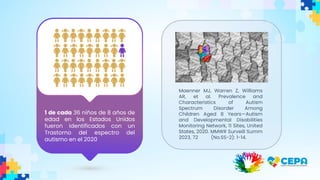 1 de cada 36 niños de 8 años de
edad en los Estados Unidos
fueron identificados con un
Trastorno del espectro del
autismo en el 2020
Maenner MJ, Warren Z, Williams
AR, et al. Prevalence and
Characteristics of Autism
Spectrum Disorder Among
Children Aged 8 Years—Autism
and Developmental Disabilities
Monitoring Network, 11 Sites, United
States, 2020. MMWR Surveill Summ
2023, 72 (No.SS-2): 1-14.
 