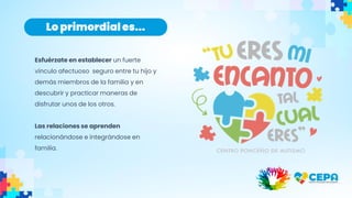 Esfuérzate en establecer un fuerte
vínculo afectuoso seguro entre tu hijo y
demás miembros de la familia y en
descubrir y practicar maneras de
disfrutar unos de los otros.
Las relaciones se aprenden
relacionándose e integrándose en
familia.
Lo primordiales...
 