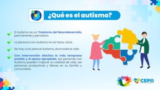 El Autismo es un Trastorno del Neurodesarrollo,
permanente y pervasivo.
La persona con Autismo no se hace, nace.
No hay cura para el Autismo, dura toda la vida.
Con intervención efectiva lo más temprano
posible y el apoyo apropiado, las personas con
Autismo pueden mejorar su calidad de vida, ser
personas productivas y felices en su familia y
comunidad.
¿Qué es el autismo?
 