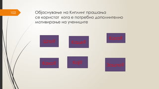 102 Објаснување на Киплинг прашања
се користат кога е потребно дополнително
мотивирање на учениците
Што?
Кога?
Како? Кој?
Зошто?
Каде?
 