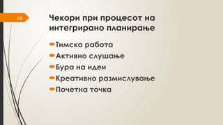 66 Чекори при процесот на
интегрирано планирање
Тимска работа
Активно слушање
Бура на идеи
Креативно размислување
Почетна точка
 