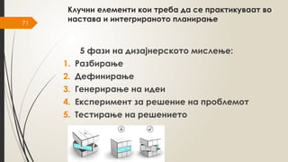 71
Клучни елементи кои треба да се практикуваат во
настава и интегрираното планирање
5 фази на дизајнерското мислење:
1. Разбирање
2. Дефинирање
3. Генерирање на идеи
4. Експеримент за решение на проблемот
5. Тестирање на решението
 