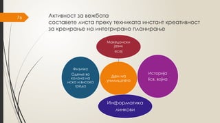 76 Активност за вежбата
составете листа преку техниката инстант креативност
за креирање на интегрирано планирање
Ден на
училиштето
Македонски
јазик
есеј
Историја
Iiсв. војна
Информатика
линкови
Физичко
Одење во
колона на
иска и висока
греда
 