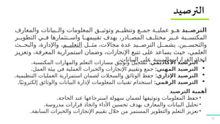 10
‫?يد‬
?‫الترص‬
‫والمعارف‬ ‫بيانات‬77‫وال‬ ‫المعلومات‬ ‫ق‬77‫وتوثي‬ ‫م‬77‫وتنظي‬ ‫ع‬77‫جم‬ ‫ة‬77‫عملي‬ ‫و‬77‫ه‬
‫ر‬77‫التطوي‬ ‫ي‬77‫ف‬ ‫تثمارها‬77‫واس‬ ‫ا‬77‫تقييمه‬ ‫بهدف‬ ،‫ادر‬77‫المص‬ ‫ف‬77‫مختل‬ ‫بر‬77‫ع‬ ‫بة‬77‫المكتس‬
.
‫ل‬77‫مث‬ ،‫مجاالت‬ ‫عدة‬ ‫يد‬77‫الترص‬ ‫ل‬77‫يشم‬ ‫ين‬77‫والتحس‬
‫م‬77‫التعلي‬
‫ث‬77‫والبح‬ ،‫واإلدارة‬ ،
‫ز‬7
‫ي‬‫وتعز‬ ،‫ة‬7
‫ف‬‫المعر‬ ‫تمرارية‬7
‫س‬‫ا‬ ‫وضمان‬ ،‫اإلنجازات‬ ‫ع‬7
‫ب‬‫تت‬ ‫ى‬7
‫ل‬‫ع‬ ‫اعد‬7
‫س‬‫ي‬ ‫ث‬7
‫ي‬‫ح‬ ،‫ي‬7
‫م‬‫العل‬
.‫البيانات‬ ‫على‬ ‫المبنية‬ ‫القرارات‬ ‫اتخاذ‬

:‫األكاديمي‬ ‫الترصيد‬
.‫المكتسبة‬ ‫والمهارات‬ ‫التعلم‬ ‫مسارات‬ ‫وتوثيق‬ ‫تسجيل‬

:‫المهني‬ ‫الترصيد‬
.‫العمل‬ ‫بيئة‬ ‫في‬ ‫العملية‬ ‫والخبرات‬ ‫اإلنجازات‬ ‫وتقييم‬ ‫جمع‬

:‫اإلداري‬ ‫الترصيد‬
.‫التنظيمية‬ ‫العمليات‬ ‫استمرارية‬ ‫لضمان‬ ‫والسجالت‬ ‫الوثائق‬ ‫حفظ‬

:‫الرقمي‬ ‫الترصيد‬
.‫ا‬ً‫إلكتروني‬ ‫والوثائق‬ ‫البيانات‬ ‫إلدارة‬ ‫المعلومات‬ ‫تقنيات‬ ‫استخدام‬
‫الترصيد‬ ‫أهمية‬
•
.‫الحاجة‬ ‫عند‬ ‫استرجاعها‬ ‫سهولة‬ ‫لضمان‬ ‫وتوثيقها‬ ‫المعلومات‬ ‫حفظ‬
•
.‫مدروسة‬ ‫قرارات‬ ‫واتخاذ‬ ‫األداء‬ ‫تحسين‬ ‫بهدف‬ ‫والمعارف‬ ‫البيانات‬ ‫تحليل‬
•
.‫السابقة‬ ‫والخبرات‬ ‫اإلنجازات‬ ‫تقييم‬ ‫خالل‬ ‫من‬ ‫المستمر‬ ‫والتطوير‬ ‫التعلم‬ ‫تعزيز‬
 