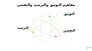 8
‫والتقصي‬ ‫والترصيد‬ ‫التوثيق‬ ‫مفاهيم‬
‫التوثيق‬
‫الت‬
‫ر‬
‫صي‬
‫د‬
‫التقصي‬
 