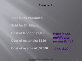 Stevenson, William J., Operations Ma 19
Example 1
7040 Units Produced
Sold for $1.10/unit
Cost of labor of $1,000
Cost of materials: $520
Cost of overhead: $2000
What is the
multifactor
productivity?
Ans. 2.20
 