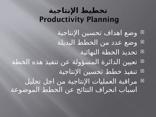 ‫اإلنتاجية‬ ‫تخطيط‬
Productivity Planning

‫اإلنتاجية‬ ‫تحسين‬ ‫اهداف‬ ‫وضع‬

‫البديلة‬ ‫الخطط‬ ‫من‬ ‫عدد‬ ‫وضع‬

‫النهائية‬ ‫الخطة‬ ‫تحديد‬

‫الخطة‬ ‫هذه‬ ‫تنفيذ‬ ‫عن‬ ‫المسؤولة‬ ‫الدائرة‬ ‫تعيين‬

‫اإلنتاجية‬ ‫تحسين‬ ‫خطط‬ ‫تنفيذ‬

‫تحليل‬ ‫اجل‬ ‫من‬ ‫اإلنتاجية‬ ‫العمليات‬ ‫مراقبة‬
‫الموضوعة‬ ‫الخطط‬ ‫عن‬ ‫النتائج‬ ‫انحراف‬ ‫اسباب‬
 