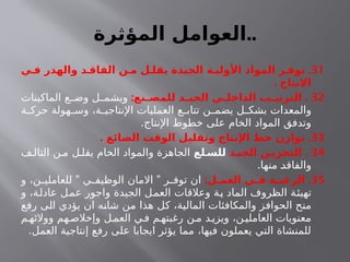 ‫المؤثرة‬ ‫العوامل‬..
31
.
‫فـي‬ ‫والهدر‬ ‫الفاقـد‬ ‫مـن‬ ‫يقلـل‬ ‫الجيدة‬ ‫األوليـة‬ ‫المواد‬ ‫توفـر‬
‫االنتاج‬
.
32
: .
‫ـنع‬
‫ـ‬‫للمص‬ ‫ـد‬
‫ـ‬‫الجي‬ ‫ـي‬
‫ـ‬‫الداخل‬ ‫ـب‬
‫ـ‬‫الترتي‬
‫الماكينات‬ ‫ع‬ ‫وض‬ ‫ل‬ ‫ويشم‬
‫ة‬ ‫حرك‬ ‫هولة‬ ‫وس‬ ،‫ة‬ ‫اإلنتاجي‬ ‫العمليات‬ ‫ع‬ ‫تتاب‬ ‫ن‬ ‫يضم‬ ‫ل‬ ‫بشك‬ ‫والمعدات‬
.‫اإلنتاج‬ ‫خطوط‬ ‫على‬ ‫الخام‬ ‫المواد‬ ‫وتدفق‬
33
. .
‫الضائع‬ ‫الوقت‬ ‫وتقليل‬ ‫اإلنتاج‬ ‫خط‬ ‫توازن‬
34
.
‫الجيـد‬ ‫التخزيـن‬
‫للسـلع‬
‫ف‬ ‫التال‬ ‫ن‬ ‫م‬ ‫ل‬ ‫يقل‬ ‫الخام‬ ‫والمواد‬ ‫الجاهزة‬
.‫منها‬ ‫والفاقد‬
35
: .
‫ـل‬
‫ـ‬‫العم‬ ‫ـي‬
‫ـ‬‫ف‬ ‫ـة‬
‫ـ‬‫الرغب‬
" "
‫و‬ ،‫ن‬ ‫للعاملي‬ ‫ي‬ ‫الوظيف‬ ‫االمان‬ ‫ر‬ ‫توف‬ ‫ان‬
‫و‬ ،‫عادلة‬ ‫عمل‬ ‫واجور‬ ‫الجيدة‬ ‫العمل‬ ‫وعالقات‬ ‫ية‬ ‫الماد‬ ‫الظروف‬ ‫تهيئة‬
‫رفع‬ ‫الى‬ ‫يؤدي‬ ‫ان‬ ‫شانه‬ ‫من‬ ‫هذا‬ ‫كل‬ ،‫المالية‬ ‫والمكافئات‬ ‫الحوافز‬ ‫منح‬
‫م‬‫ووالئه‬ ‫هم‬‫وإخالص‬ ‫ل‬‫العم‬ ‫ي‬‫ف‬ ‫م‬‫رغبته‬ ‫ن‬‫م‬ ‫د‬‫ويزي‬ ،‫ن‬‫العاملي‬ ‫معنويات‬
.‫العمل‬ ‫إنتاجية‬ ‫رفع‬ ‫على‬ ‫ايجابا‬ ‫يؤثر‬ ‫مما‬ ،‫فيها‬ ‫يعملون‬ ‫التي‬ ‫للمنشاة‬
 