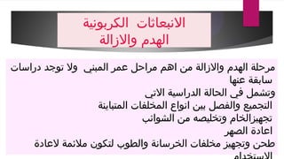 ‫ربونية‬Z
‫ك‬‫ال‬ ‫االنبعاثات‬
‫واالزالة‬ ‫الهدم‬
‫دراسات‬ ‫توجد‬ ‫وال‬ ‫المبني‬ ‫عمر‬ ‫مراحل‬ ‫اهم‬ ‫من‬ ‫واالزالة‬ ‫الهدم‬ ‫مرحلة‬
‫عنها‬ ‫سابقة‬
‫االتي‬ ‫الدراسية‬ ‫الحالة‬ ‫في‬ ‫وتشمل‬
‫المتباينة‬ ‫المخلفات‬ ‫انواع‬ ‫بين‬ ‫والفصل‬ ‫التجميع‬
‫الشوائب‬ ‫من‬ ‫وتخليصه‬ ‫تجهيزالخام‬
‫الصهر‬ ‫اعادة‬
‫العادة‬ ‫مالئمة‬ ‫لتكون‬ ‫والطوب‬ ‫الخرسانة‬ ‫مخلفات‬ ‫وتجهيز‬ ‫طحن‬
 