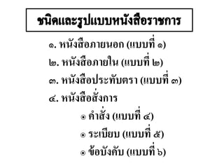 ๑. หนังสือภายนอก (แบบที่ ๑)
๒. หนังสือภายใน (แบบที่ ๒)
๓. หนังสือประทับตรา (แบบที่ ๓)
๔. หนังสือสั่งการ
๏ คาสั่ง (แบบที่ ๔)
๏ ระเบียบ (แบบที่ ๕)
๏ ข้อบังคับ (แบบที่ ๖)
 