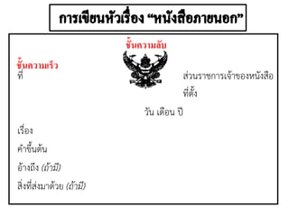 ที่ ส่วนราชการเจ้าของหนังสือ
ที่ตั้ง
วัน เดือน ปี
เรื่อง
คาขึ้นต้น
อ้างถึง (ถ้ามี)
สิ่งที่ส่งมาด้วย (ถ้ามี)
ชั้นความเร็ว
ชั้นความลับ
 