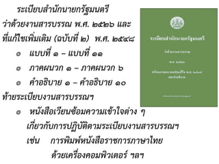 ระเบียบสานักนายกรัฐมนตรี
ว่าด้วยงานสารบรรณ พ.ศ. ๒๕๒๖ และ
ที่แก้ไขเพิ่มเติม (ฉบับที่ ๒) พ.ศ. ๒๕๔๘
๏ แบบที่ ๑ – แบบที่ ๑๑
๏ ภาคผนวก ๑ – ภาคผนวก ๖
๏ คาอธิบาย ๑ – คาอธิบาย ๑๐
ท้ายระเบียบงานสารบรรณฯ
๏ หนังสือเวียนซ้อมความเข้าใจต่าง ๆ
เกี่ยวกับการปฏิบัติตามระเบียบงานสารบรรณฯ
เช่น การพิมพ์หนังสือราชการภาษาไทย
ด้วยเครื่องคอมพิวเตอร์ ฯลฯ
 