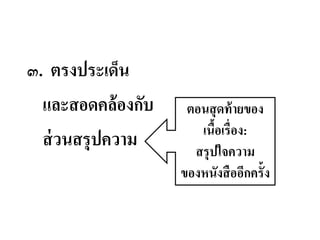 ๓. ตรงประเด็น
และสอดคล้องกับ
ส่วนสรุปความ
ตอนสุดท้ายของ
เนื้อเรื่อง:
สรุปใจความ
ของหนังสืออีกครั้ง
 