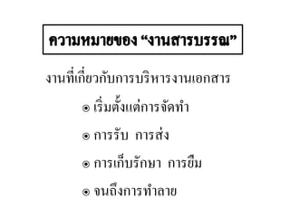 งานที่เกี่ยวกับการบริหารงานเอกสาร
๏ เริ่มตั้งแต่การจัดทา
๏ การรับ การส่ง
๏ การเก็บรักษา การยืม
๏ จนถึงการทาลาย
 