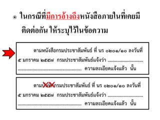 ๏ ในกรณีที่มีการอ้างถึงหนังสือภายในที่เคยมี
ติดต่อกัน ให้ระบุไว้ในข้อความ
ตามหนังสือกรมประชาสัมพันธ์ ที่ นร ๐๒๐๑/๑๐ ลงวันที่
๕ มกราคม ๒๕๕๗ กรมประชาสัมพันธ์แจ้งว่า .............................
.................................................... ความละเอียดแจ้งแล้ว นั้น
ตามบันทึกกรมประชาสัมพันธ์ ที่ นร ๐๒๐๑/๑๐ ลงวันที่
๕ มกราคม ๒๕๕๗ กรมประชาสัมพันธ์แจ้งว่า .............................
.................................................... ความละเอียดแจ้งแล้ว นั้น
××
 