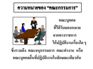คณะบุคคล
ที่ได้รับมอบหมาย
จากทางราชการ
ให้ปฏิบัติงานเรื่องใด ๆ
ซึ่งรวมถึง คณะอนุกรรมการ คณะทางาน หรือ
คณะบุคคลอื่นที่ปฏิบัติงานในลักษณะเดียวกัน
 