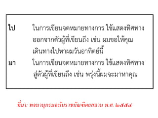ไป ในการเขียนจดหมายทางการ ใช้แสดงทิศทาง
ออกจากตัวผู้ที่เขียนถึง เช่น ผมขอให้คุณ
เดินทางไปหาผมวันอาทิตย์นี้
มา ในการเขียนจดหมายทางการ ใช้แสดงทิศทาง
สู่ตัวผู้ที่เขียนถึง เช่น พรุ่งนี้ผมจะมาหาคุณ
ที่มา: พจนานุกรมฉบับราชบัณฑิตยสถาน พ.ศ. ๒๕๕๔
 