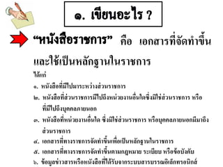 คือ เอกสารที่จัดทาขึ้น
และใช้เป็นหลักฐานในราชการ
ได้แก่
๑. หนังสือที่มีไปมาระหว่างส่วนราชการ
๒. หนังสือที่ส่วนราชการมีไปถึงหน่วยงานอื่นใดซึ่งมิใช่ส่วนราชการ หรือ
ที่มีไปถึงบุคคลภายนอก
๓. หนังสือที่หน่วยงานอื่นใด ซึ่งมิใช่ส่วนราชการ หรือบุคคลภายนอกมีมาถึง
ส่วนราชการ
๔. เอกสารที่ทางราชการจัดทาขึ้นเพื่อเป็นหลักฐานในราชการ
๕. เอกสารที่ทางราชการจัดทาขึ้นตามกฎหมาย ระเบียบ หรือข้อบังคับ
๖. ข้อมูลข่าวสารหรือหนังสือที่ได้รับจากระบบสารบรรณอิเล็กทรอนิกส์
 