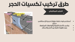 ‫الحجر‬ ‫تكسيات‬ ‫تركيب‬ ‫طرق‬
‫الميكانيكي‬ ‫التركيب‬
‫ستانلس‬ ‫أو‬ ‫حديدية‬ ‫وزوااي‬ ‫دعامات‬ ‫فيه‬ ‫ستخدم‬‫ُت‬
.‫ستيل‬
.‫المرتفعة‬ ‫والواجهات‬ ‫الثقيلة‬ ‫لألحجار‬ ‫مناسب‬
.‫والسطح‬ ‫الحجر‬ ‫بين‬ ‫خلفية‬ ‫تهوية‬ ‫يتيح‬
 