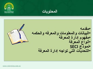 •
‫مقدمه‬
•
‫والحكمه‬ ‫والمعرفه‬ ‫والمعلومات‬ ‫البيانات‬
•
‫المعرفة‬ ‫إدارة‬ ‫مفهوم‬
•
‫المعرفة‬ ‫أنواع‬
•
‫نموذج‬
SECI
•
‫المعرفة‬ ‫إدارة‬ ‫تواجه‬ ‫التي‬ ‫التحديات‬
‫المحتويات‬
 