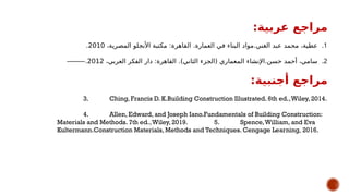 :‫عربية‬ ‫مراجع‬
.1
،‫المصرية‬ ‫األنجلو‬ ‫مكتبة‬ :‫القاهرة‬ .‫العمارة‬ ‫في‬ ‫البناء‬ ‫مواد‬.‫الغني‬ ‫عبد‬ ‫محمد‬ ،‫عطية‬
2010
.
.2
،‫العربي‬ ‫الفكر‬ ‫دار‬ :‫القاهرة‬ .)‫الثاني‬ ‫(الجزء‬ ‫المعماري‬ ‫اإلنشاء‬.‫حسن‬ ‫أحمد‬ ،‫سامي‬
2012
.
⸻
:‫أجنبية‬ ‫مراجع‬
3. Ching, Francis D. K.Building Construction Illustrated. 6th ed.,Wiley, 2014.
4. Allen, Edward, and Joseph Iano.Fundamentals of Building Construction:
Materials and Methods. 7th ed.,Wiley, 2019. 5. Spence,William, and Eva
Kultermann.Construction Materials, Methods and Techniques. Cengage Learning, 2016.
 