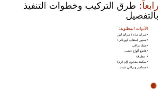 :ً‫رابعا‬
‫التنفيذ‬ ‫وخطوات‬ ‫التركيب‬ ‫طرق‬
‫بالتفصيل‬
:‫المطلوبة‬ ‫األدوات‬
•
‫ليزر‬ ‫ميزان‬ / ‫مياه‬ ‫ميزان‬
•
)‫كهربائي‬ ‫(مثقاب‬ ‫شنيور‬
•
‫براغي‬ ‫مفك‬
•
‫خشب‬ ‫ألواح‬ ‫قاطع‬
•
‫مطرقة‬
•
)‫لزم‬ ‫(إن‬ ‫معجون‬ ‫سكينة‬
•
‫تثبيت‬ ‫وبراغي‬ ‫مسامير‬
 