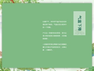 处暑节气，单单用气温开始走低来
描述是不够的。气温走低仅是其中
的一个现象。
产生这一现象背后的原因，首先应
是太阳的直射点继续南移，太阳辐
射减弱；
二是副热带高压跨越式地向南撤退，
蒙古冷高压开始跃跃欲试，出拳出
脚，小露锋芒。
气温下降
 