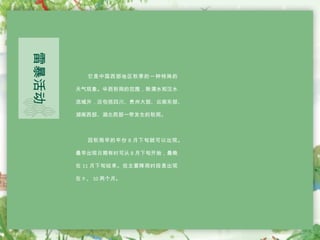 它是中国西部地区秋季的一种特殊的
天气现象。华西秋雨的范围，除渭水和汉水
流域外，还包括四川、贵州大部、云南东部、
湖南西部、湖北西部一带发生的秋雨。
因秋雨早的年份 8 月下旬就可以出现。
最早出现日期有时可从 8 月下旬开始，最晚
在 11 月下旬结束。但主要降雨时段是出现
在 9 、 10 两个月。
雷暴活动
 