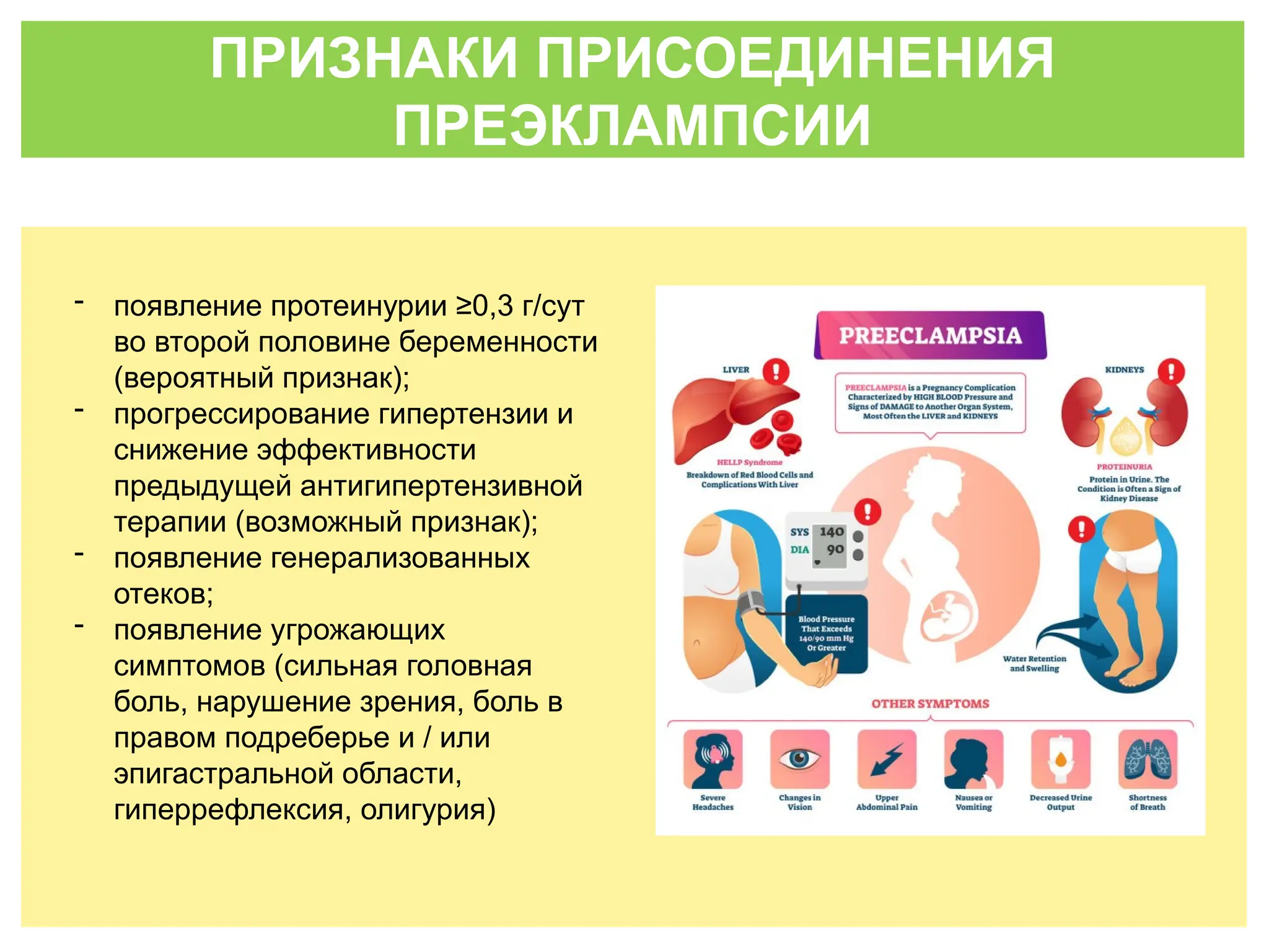 ПРИЗНАКИ ПРИСОЕДИНЕНИЯ
ПРЕЭКЛАМПСИИ
- появление протеинурии ≥0,3 г/сут
во второй половине беременности
(вероятный признак);
- прогрессирование гипертензии и
снижение эффективности
предыдущей антигипертензивной
терапии (возможный признак);
- появление генерализованных
отеков;
- появление угрожающих
симптомов (сильная головная
боль, нарушение зрения, боль в
правом подреберье и / или
эпигастральной области,
гиперрефлексия, олигурия)
 