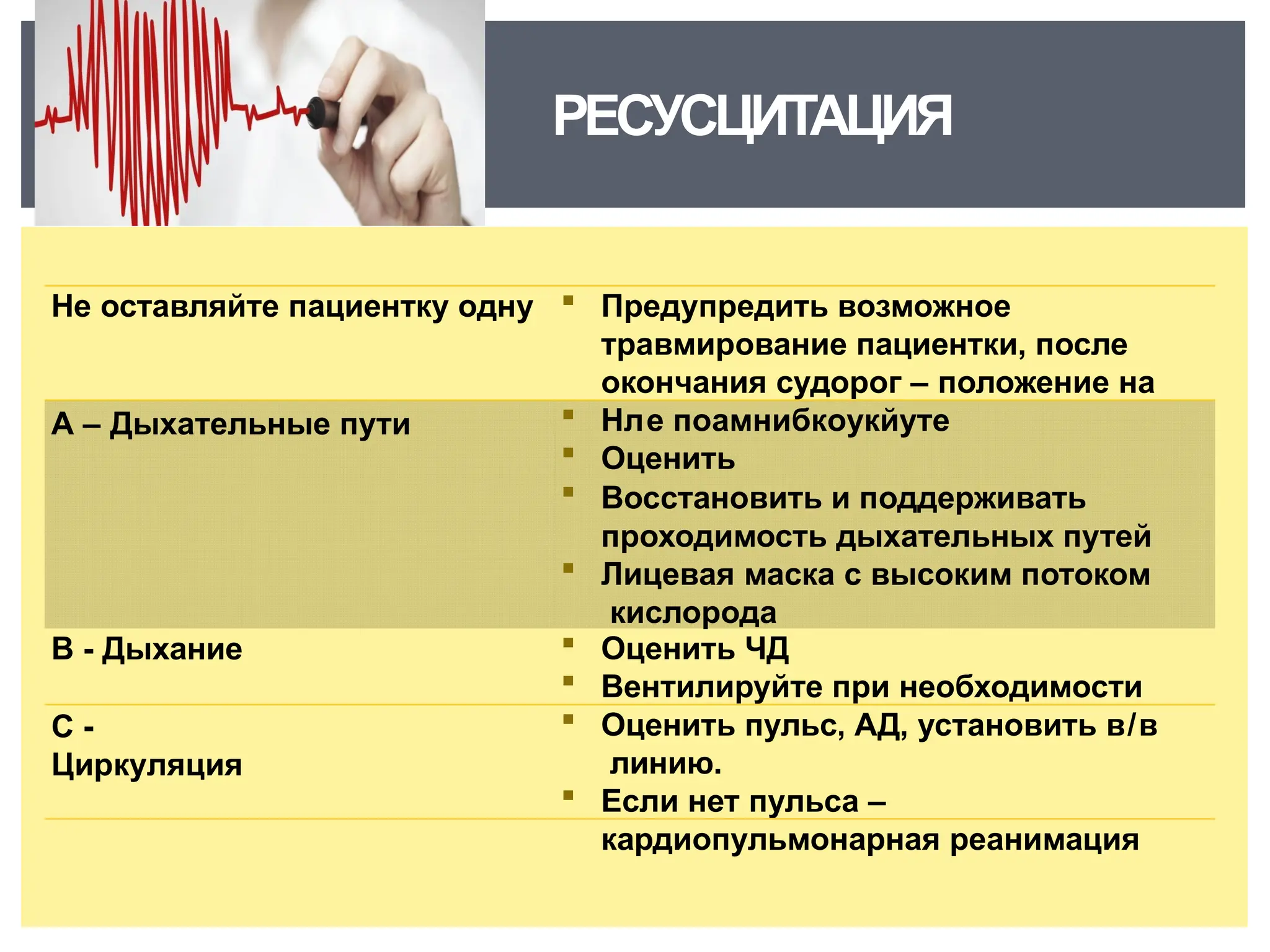 РЕСУСЦИТАЦИЯ
Не оставляйте пациентку одну
А – Дыхательные пути
В - Дыхание
С -
Циркуляция
 Предупредить возможное
травмирование пациентки, после
окончания судорог – положение на
 Нле поамнибкоукйуте
 Оценить
 Восстановить и поддерживать
проходимость дыхательных путей
 Лицевая маска с высоким потоком
кислорода
 Оценить ЧД
 Вентилируйте при необходимости
 Оценить пульс, АД, установить в/в
линию.
 Если нет пульса –
кардиопульмонарная реанимация
 
