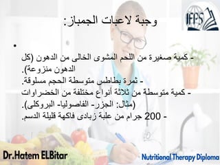 ‫الجمباز‬ ‫العبات‬ ‫وجبة‬
:
•
-
‫الدهون‬ ‫من‬ ‫الخالى‬ ‫المشوى‬ ‫اللحم‬ ‫من‬ ‫صغيرة‬ ‫كمية‬
(
‫كل‬
‫منزوعة‬ ‫الدهون‬
.)
-
‫مسلوقة‬ ‫الحجم‬ ‫متوسطة‬ ‫بطاطس‬ ‫ثمرة‬
.
-
‫الخضراوات‬ ‫من‬ ‫مختلفة‬ ‫أنواع‬ ‫ثالثة‬ ‫من‬ ‫متوسطة‬ ‫كمية‬
(
‫مثال‬
:
‫الجزر‬
-
‫الفاصوليا‬
-
‫البروكلى‬
.)
-
200
‫الدسم‬ ‫قليلة‬ ‫فاكهة‬ ‫زبادى‬ ‫علبة‬ ‫من‬ ‫جرام‬
.
09/11/1446 43
 