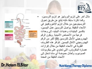 • ‫إنزيم‬ ‫على‬ ‫آخر‬ ‫مثال‬
‫البروتييز‬
،‫التربسين‬ ‫إنزيم‬ ‫هو‬
‫تحويل‬ ‫طريق‬ ‫عن‬ ‫ج‬َ‫ت‬‫ن‬ُ‫ي‬ ‫فإنه‬ ،‫ا‬ً‫ق‬‫ساب‬ ‫ذكرنا‬ ‫وكما‬
‫التربسينوجين‬
‫إنزيم‬ ‫خالل‬ ‫من‬
‫اإلنتيروكينيز‬
‫في‬
‫الدقيقة‬ ‫األمعاء‬
.
،‫الببسين‬ ‫عمل‬ ‫التربسين‬ ‫يواصل‬
‫بتكسير‬
‫الببتيدات‬
‫وعديدات‬
‫الببتيد‬
‫وحدات‬ ‫إلى‬ ،
‫األمينية‬ ‫األحماض‬ ‫من‬ ‫فرعية‬
.
‫الرقم‬ ‫ويكون‬
‫للتربسين‬ ‫األمثل‬ ‫الهيدروجيني‬
(
9
)
‫الرقم‬ ‫من‬ ‫أكبر‬
‫للببسين‬ ‫األمثل‬ ‫الهيدروجيني‬
.
‫الظروف‬ ‫هذه‬ ‫تتوافر‬
‫إفرازات‬ ‫خالل‬ ‫من‬ ‫الدقيقة‬ ‫األمعاء‬ ‫في‬ ‫القلوية‬
‫بيكربونات‬ ‫على‬ ‫تحتوي‬ ‫التي‬ ،‫البنكرياس‬ ‫عصارة‬
‫إلى‬ ‫تدخل‬ ‫مادة‬ ‫أي‬ ‫حموضة‬ ‫عادل‬ُ‫ت‬‫و‬ ،‫الصوديوم‬
‫المعدة‬ ‫من‬ ‫الدقيقة‬ ‫األمعاء‬
79
 