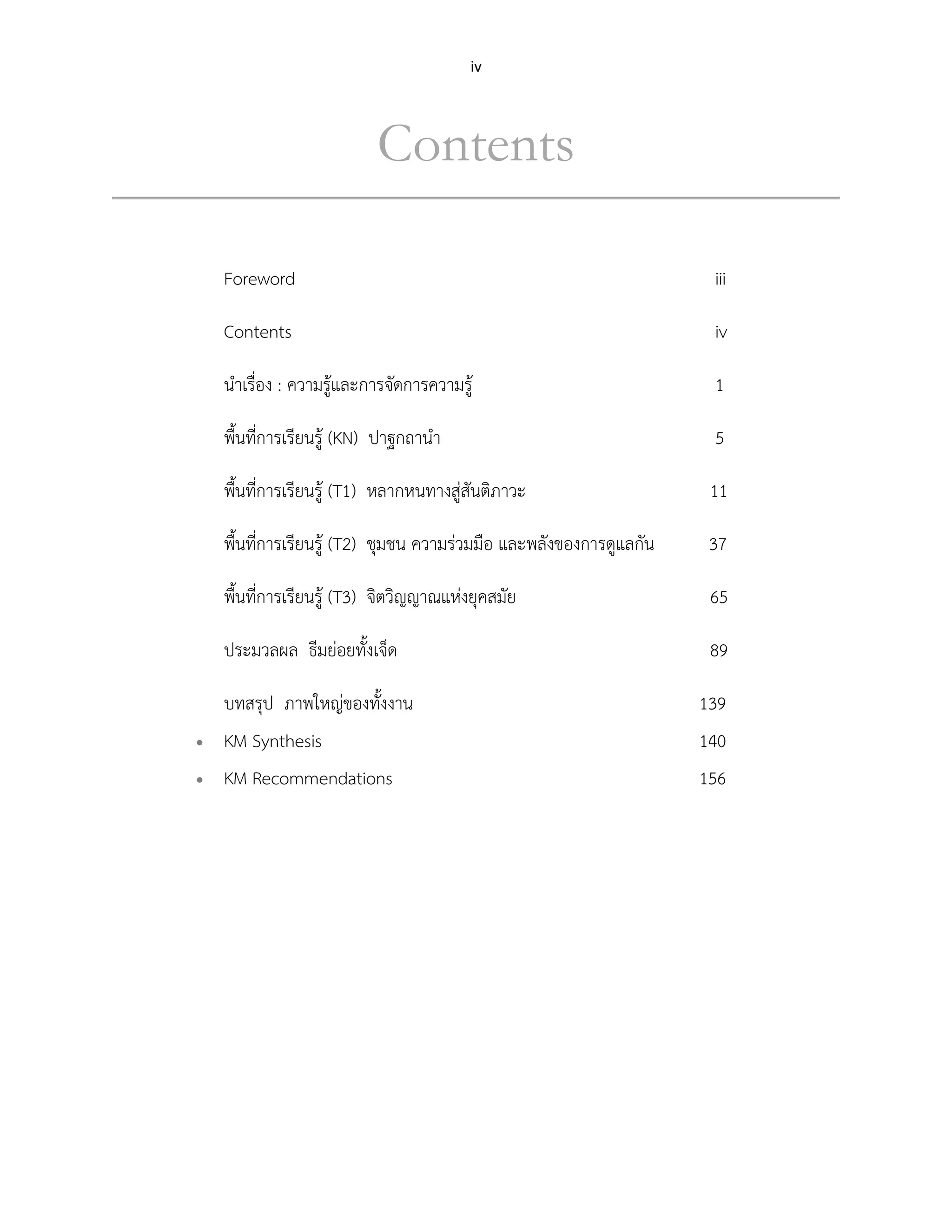 iv
Contents
Foreword iii
Contents iv
นำเรื่อง : ความรู้และการจัดการความรู้ 1
พื้นที่การเรียนรู้ (KN) ปาฐกถานำ 5
พื้นที่การเรียนรู้ (T1) หลากหนทางสู่สันติภาวะ 11
พื้นที่การเรียนรู้ (T2) ชุมชน ความร่วมมือ และพลังของการดูแลกัน 37
พื้นที่การเรียนรู้ (T3) จิตวิญญาณแห่งยุคสมัย 65
ประมวลผล ธีมย่อยทั้งเจ็ด 89
บทสรุป ภาพใหญ่ของทั้งงาน 139
• KM Synthesis 140
• KM Recommendations 156
 