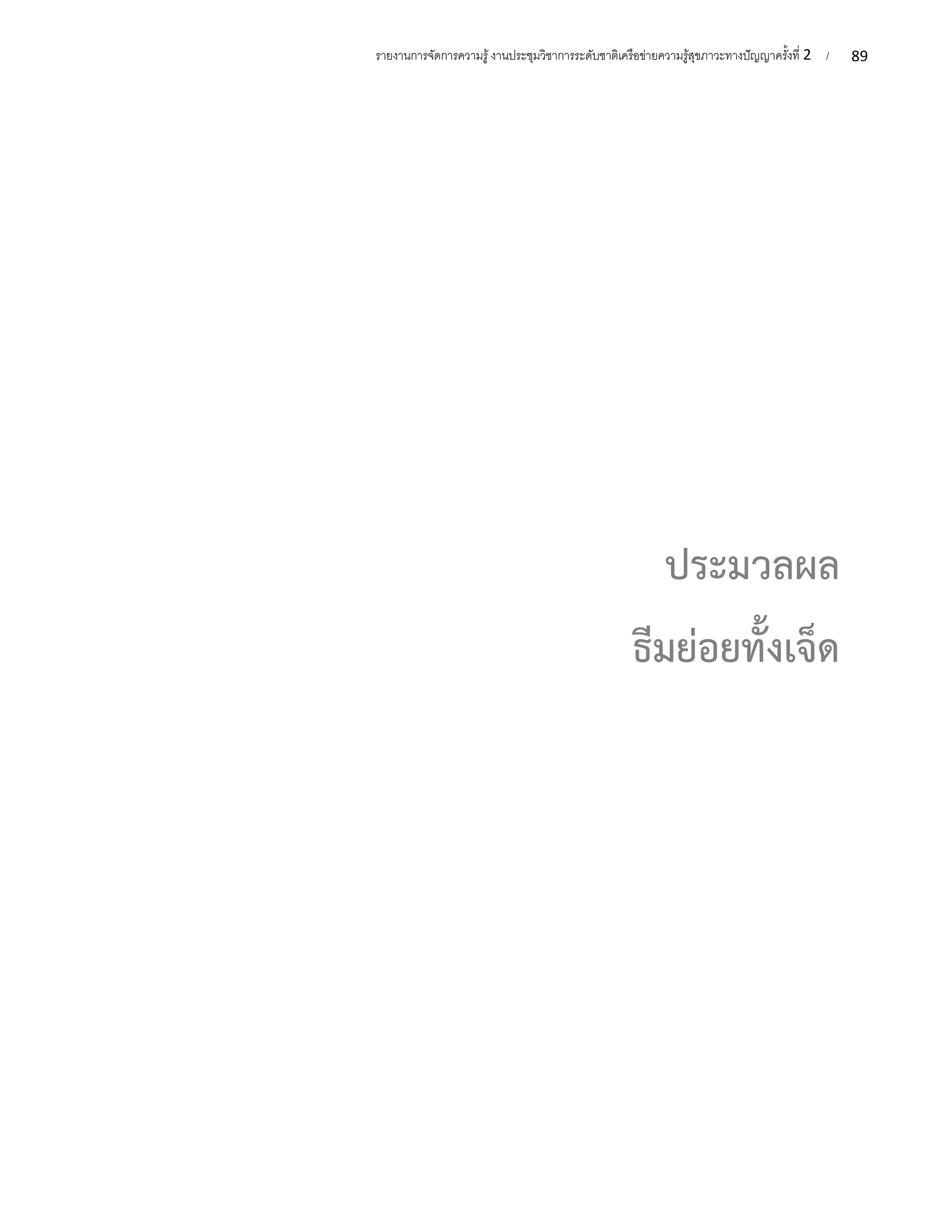 89
รายงานการจัดการความรู้งานประชุมวิชาการระดับชาติเครือข่ายความรู้สุขภาวะทางปัญญาครั้งที่ 2 /
ประมวลผล
ธีมย่อยทั้งเจ็ด
 