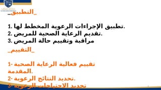 6
_‫_التطبيق‬
1. ‫لها‬ ‫المخطط‬ ‫الرعوية‬ ‫اإلجراءات‬ ‫تطبيق‬.
2. ‫للمريض‬ ‫الصحية‬ ‫الرعاية‬ ‫تقديم‬.
3. ‫المريض‬ ‫حالة‬ ‫وتقييم‬ ‫مراقبة‬
_‫_التقييم‬
1- ‫الصحية‬ ‫الرعاية‬ ‫فعالية‬ ‫تقييم‬
‫المقدمة‬.
2- ‫الرعوية‬ ‫النتائج‬ ‫تحديد‬.
3- ‫الرعوية‬ ‫االحتياجات‬ ‫تحديد‬
 