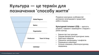 Культура — це термін для
позначення 'способу життя'
Розуміння культурних особливостей
допомагає налагоджувати продуктивні
робочі стосунки.
Культурний інтелект (CQ) — здатність
розуміти, поважати і взаємодіяти з людьми з
різних культур.
• Знання про інші культури
• Свідоме використання культурних знань
• Адаптація поведінки
• Уникнення непорозумінь і конфліктів
• Покращення комунікації
• Успішна співпраця у багатокультурному
середовищі
© Станіслав Федоренко, www.r-e.expert
 