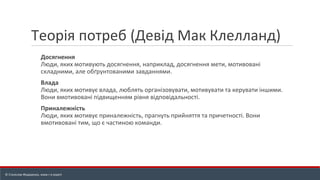 Теорія потреб (Девід Мак Клелланд)
Досягнення
Люди, яких мотивують досягнення, наприклад, досягнення мети, мотивовані
складними, але обґрунтованими завданнями.
Влада
Люди, яких мотивує влада, люблять організовувати, мотивувати та керувати іншими.
Вони вмотивовані підвищенням рівня відповідальності.
Приналежність
Люди, яких мотивує приналежність, прагнуть прийняття та причетності. Вони
вмотивовані тим, що є частиною команди.
© Станіслав Федоренко, www.r-e.expert
 